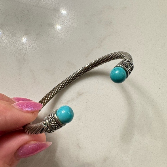 Silver Cable Bracelet with Faux Turquoise - Adjustable Silver Tone Cable Cuff - Picture 4 of 13